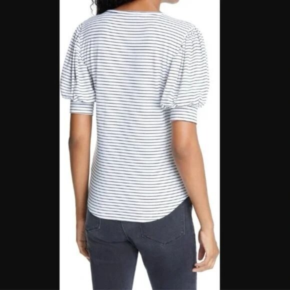 FRAME Puff Sleeve Navy & White Striped Scoop Neck Jersey Top Size XL - Picture 4 of 8